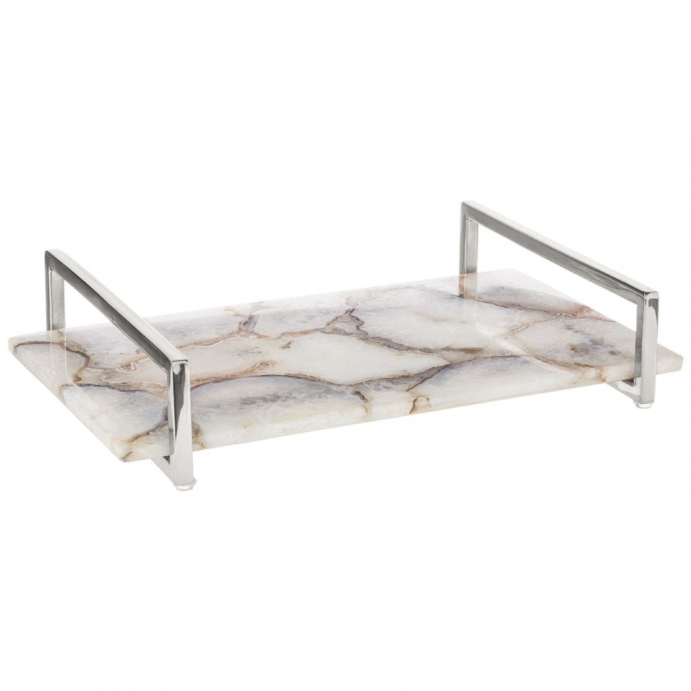 Bowerbird White Agate Small Tray, Steel, Stone, White