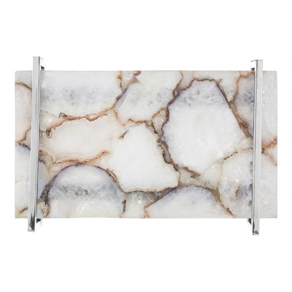 Bowerbird White Agate Small Tray, Steel, Stone, White