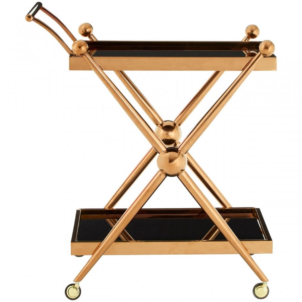 Donal 2 Tier Rose Gold / Cross Design Trolley, Steel, Tempered Glass, Rose Gold