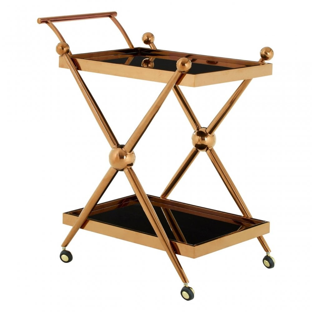 Donal 2 Tier Rose Gold / Cross Design Trolley, Steel, Tempered Glass, Rose Gold