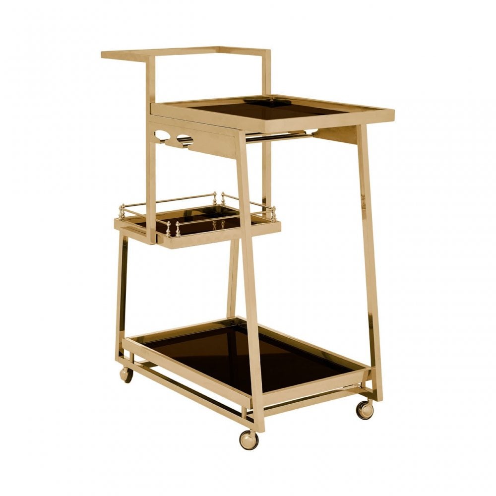 Donal 3 Tier Gold Finish Trolley, Steel, Tempered Glass, Gold