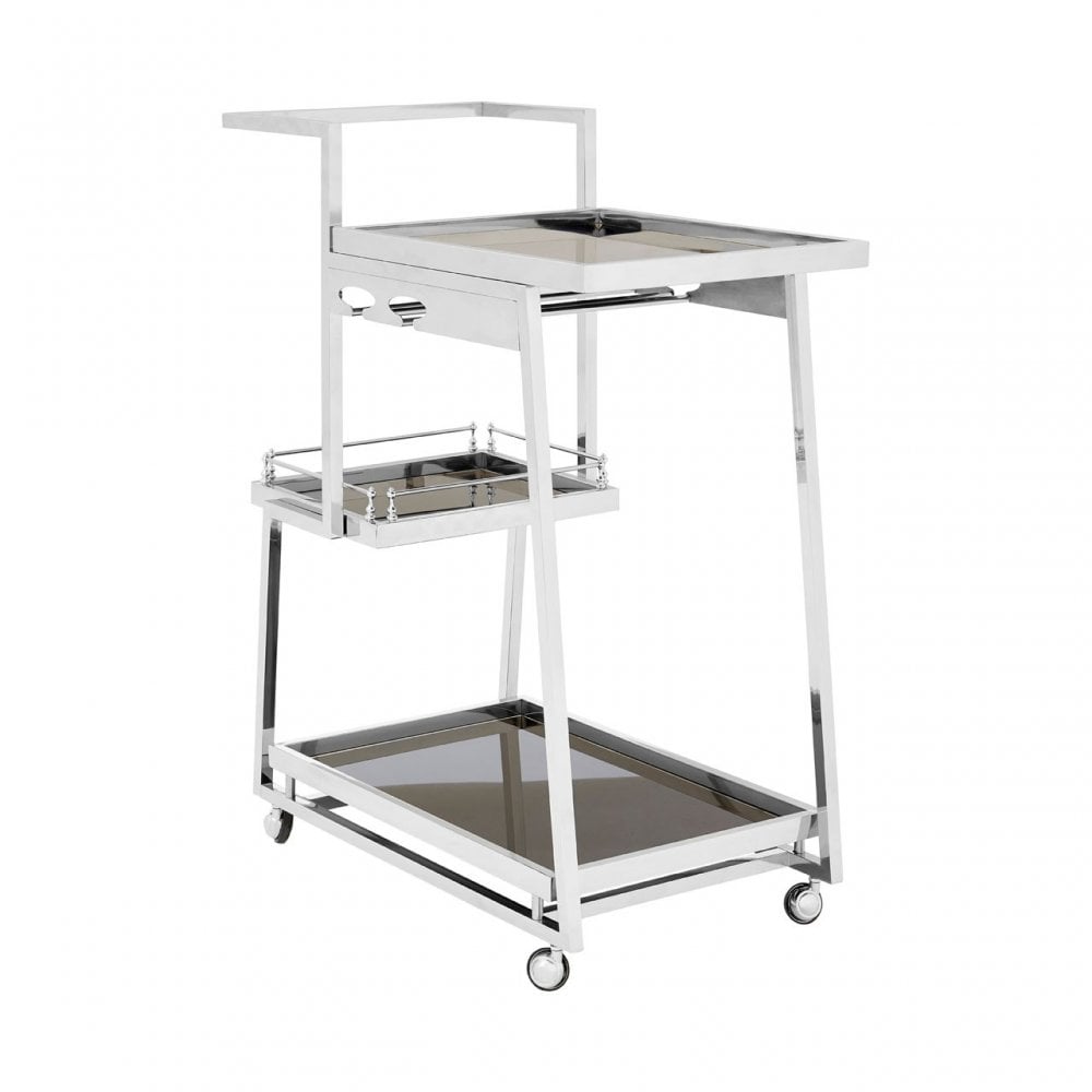 Donal 3 Tier Silver Finish Trolley, Steel, Tempered Glass, Silver
