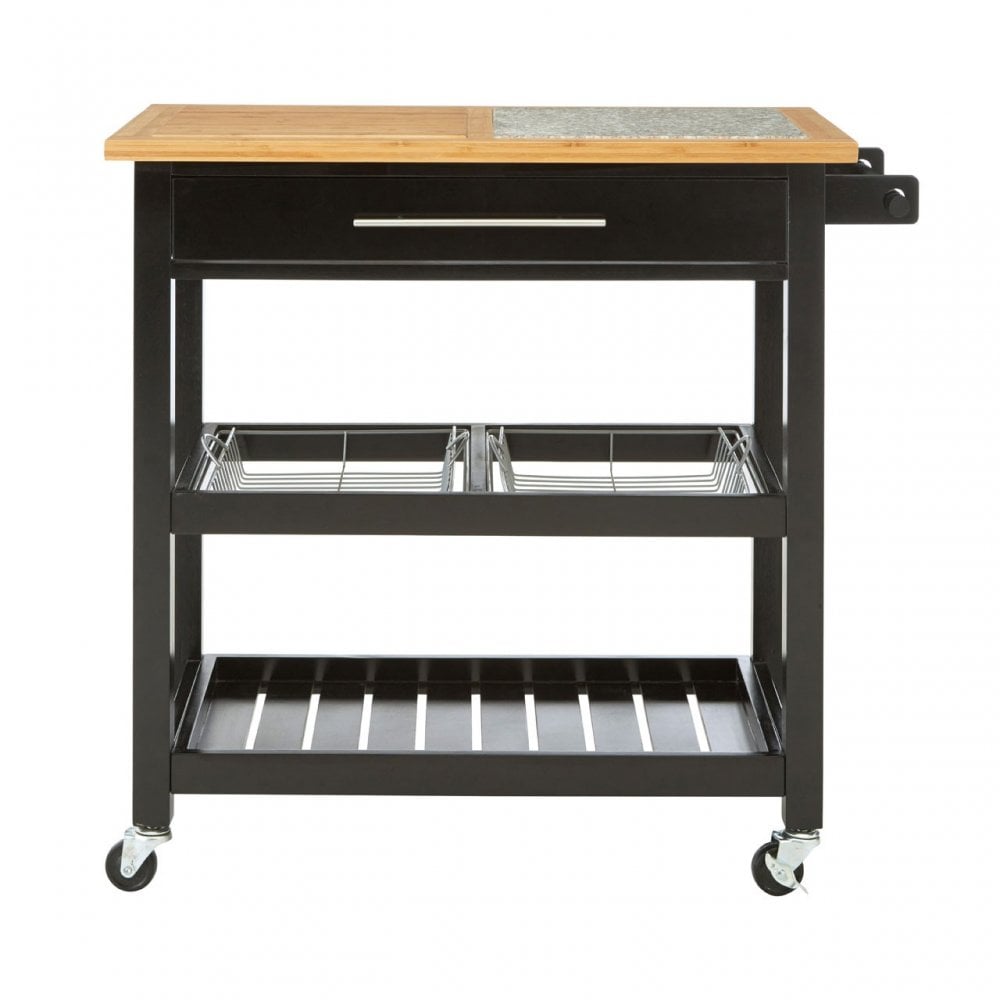 Kitchen Trolley, Wood, Pine Wood, Granite, Black