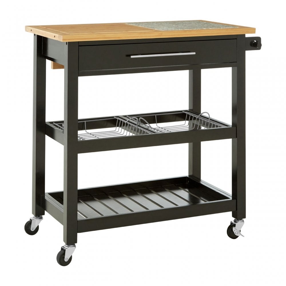 Kitchen Trolley, Wood, Pine Wood, Granite, Black