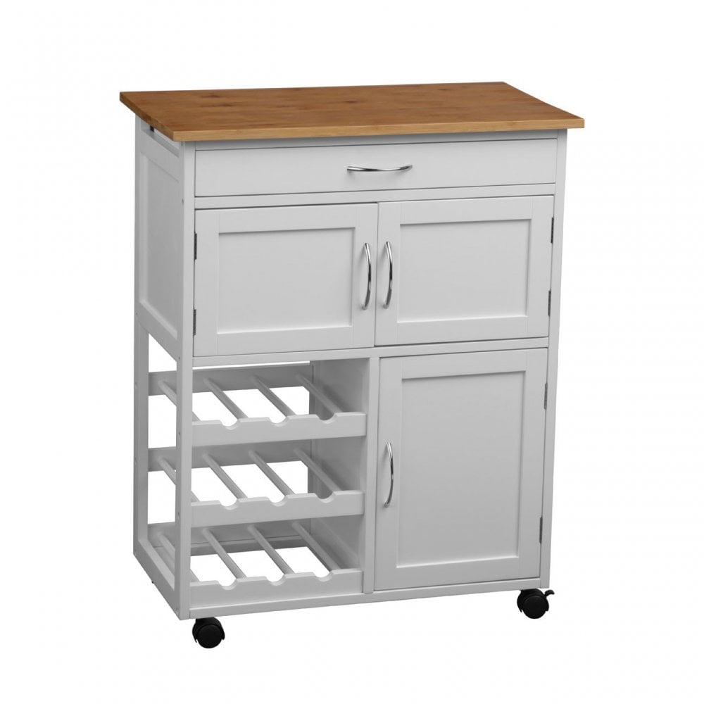 White Wood Kitchen Trolley with Bamboo Top