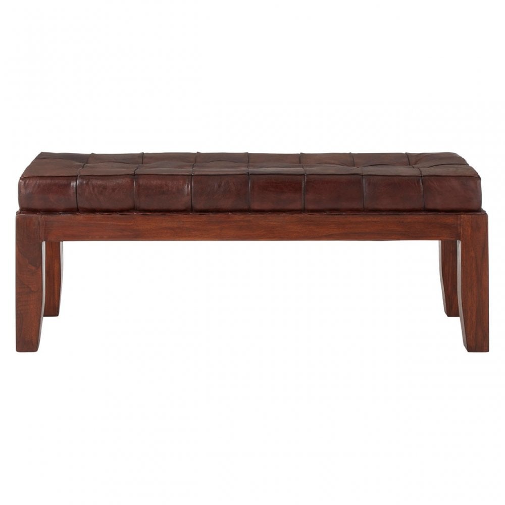 Toby Antique Brown Leather Stitch Bench, Leather, Teak, Brown