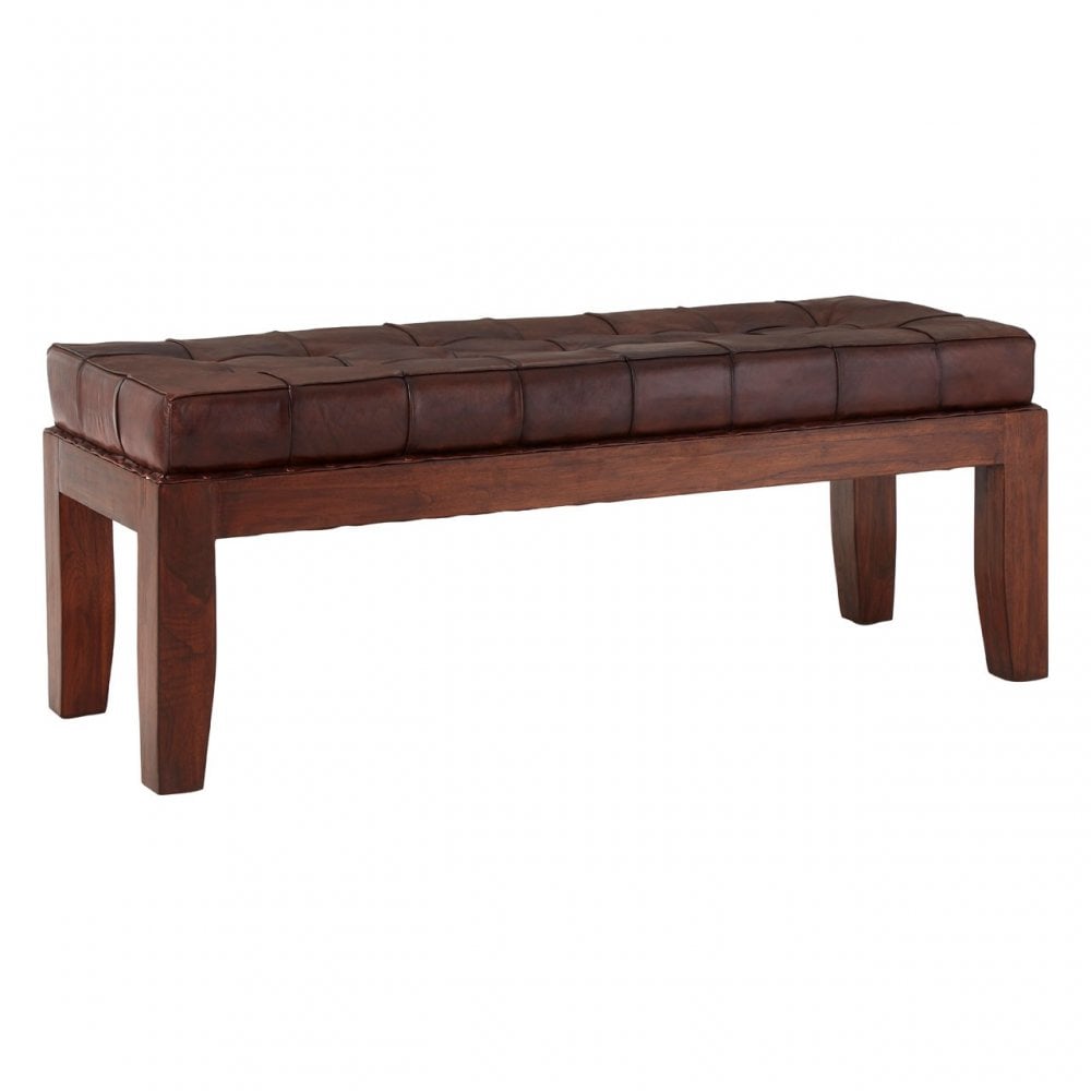 Toby Antique Brown Leather Stitch Bench, Leather, Teak, Brown