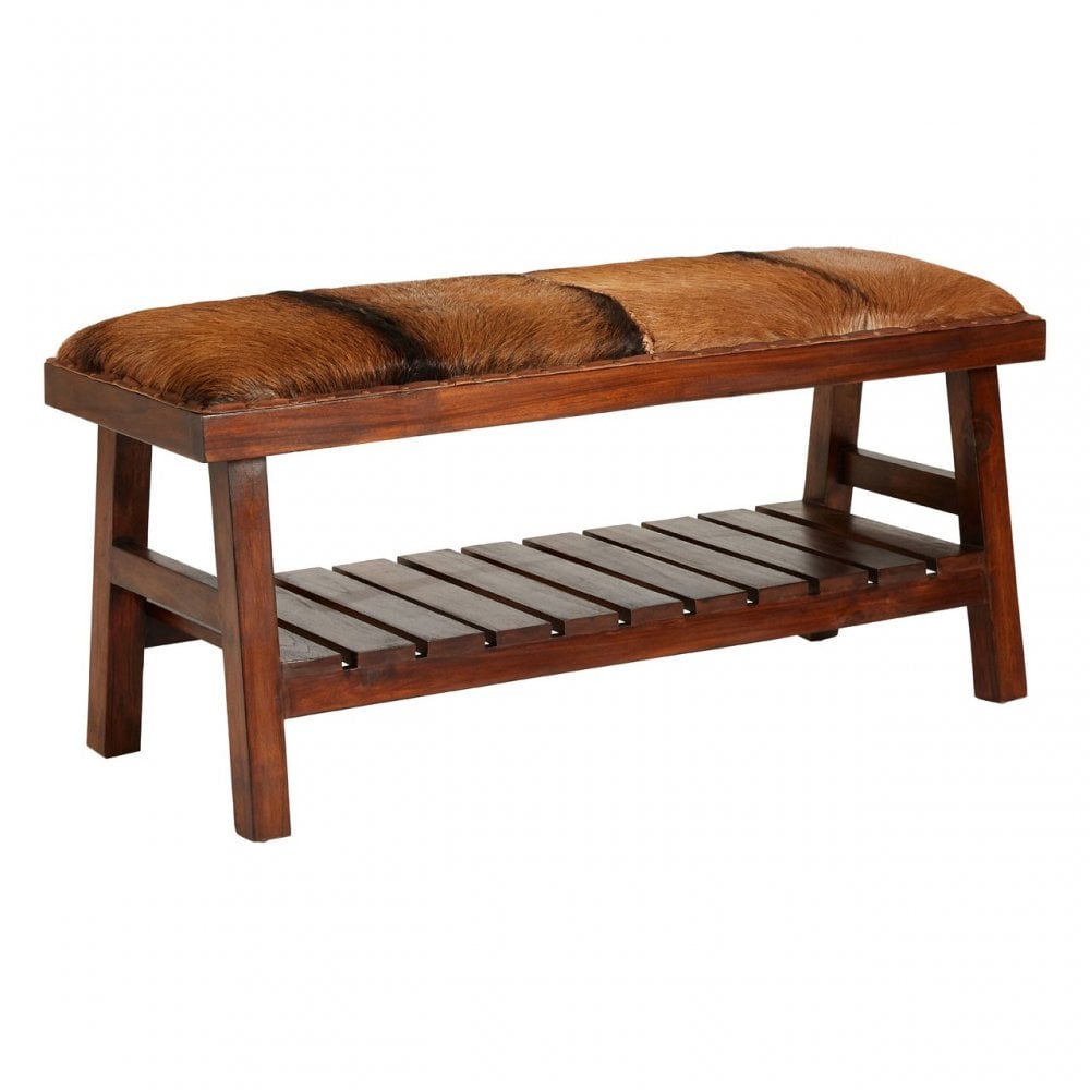 Toby Brown Goat Hide Bench, Foam, Goat Hide, Teak, Brown