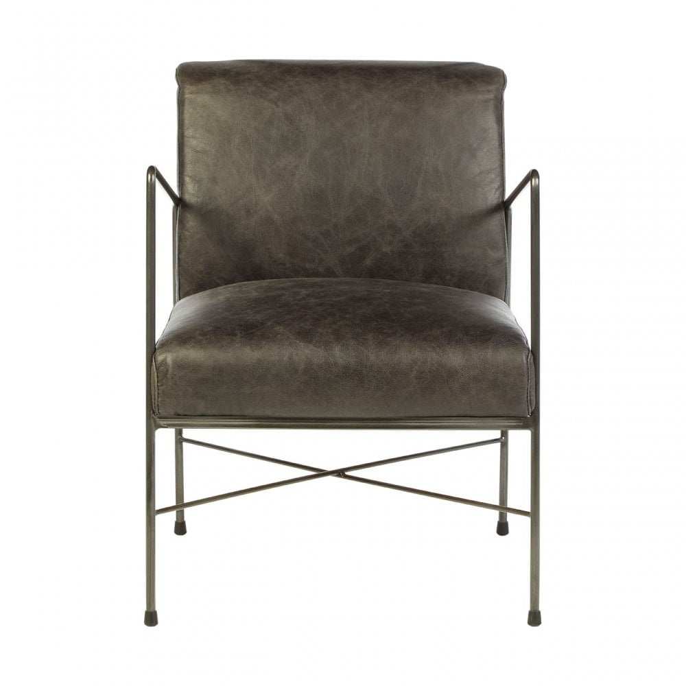 Maryn Genuine Ebony Leather Dining Chair, Leather, Iron, Grey