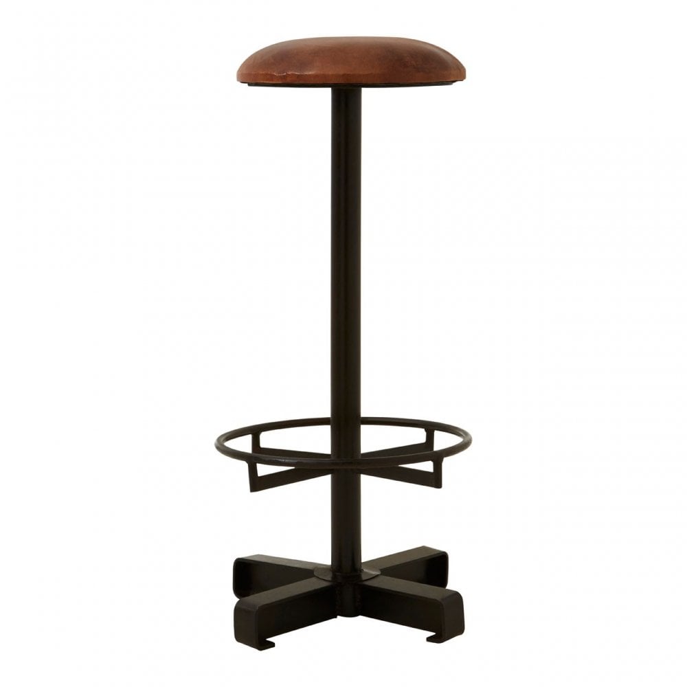 Longhorn Longhorn Buffalo Brown Leather Bar Stool, Goat Leather, Iron, Brown