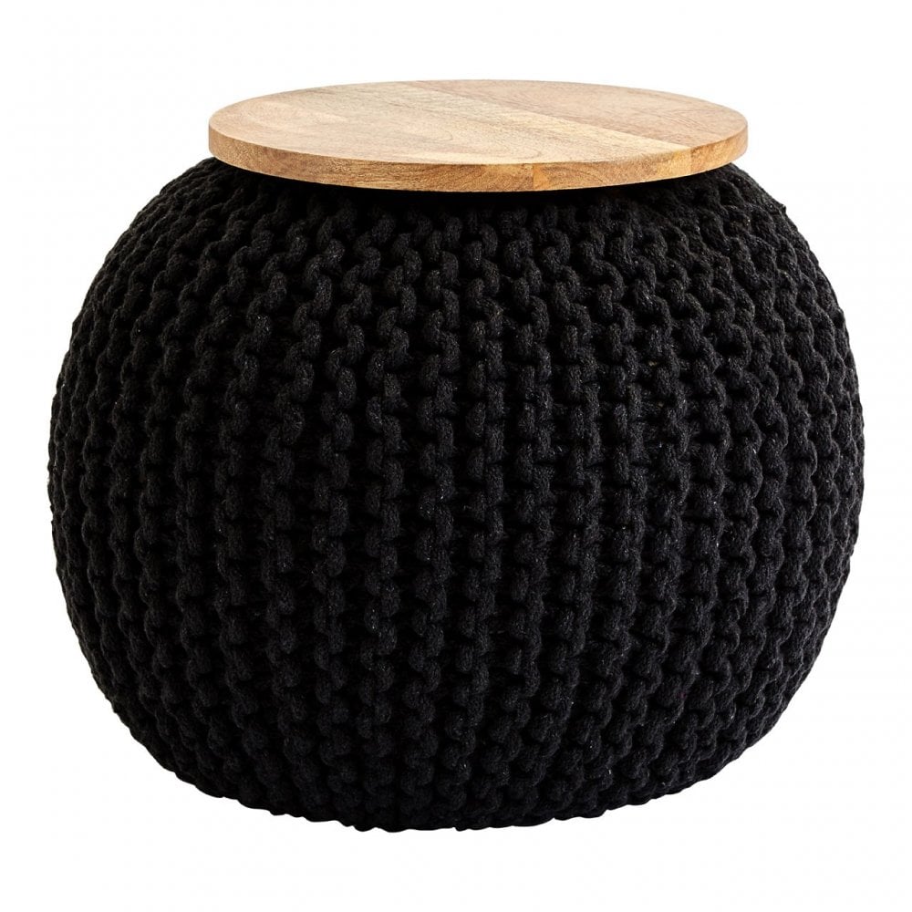 Fusion Black Woven Pouffe, Cotton, Mango Wood, Natural