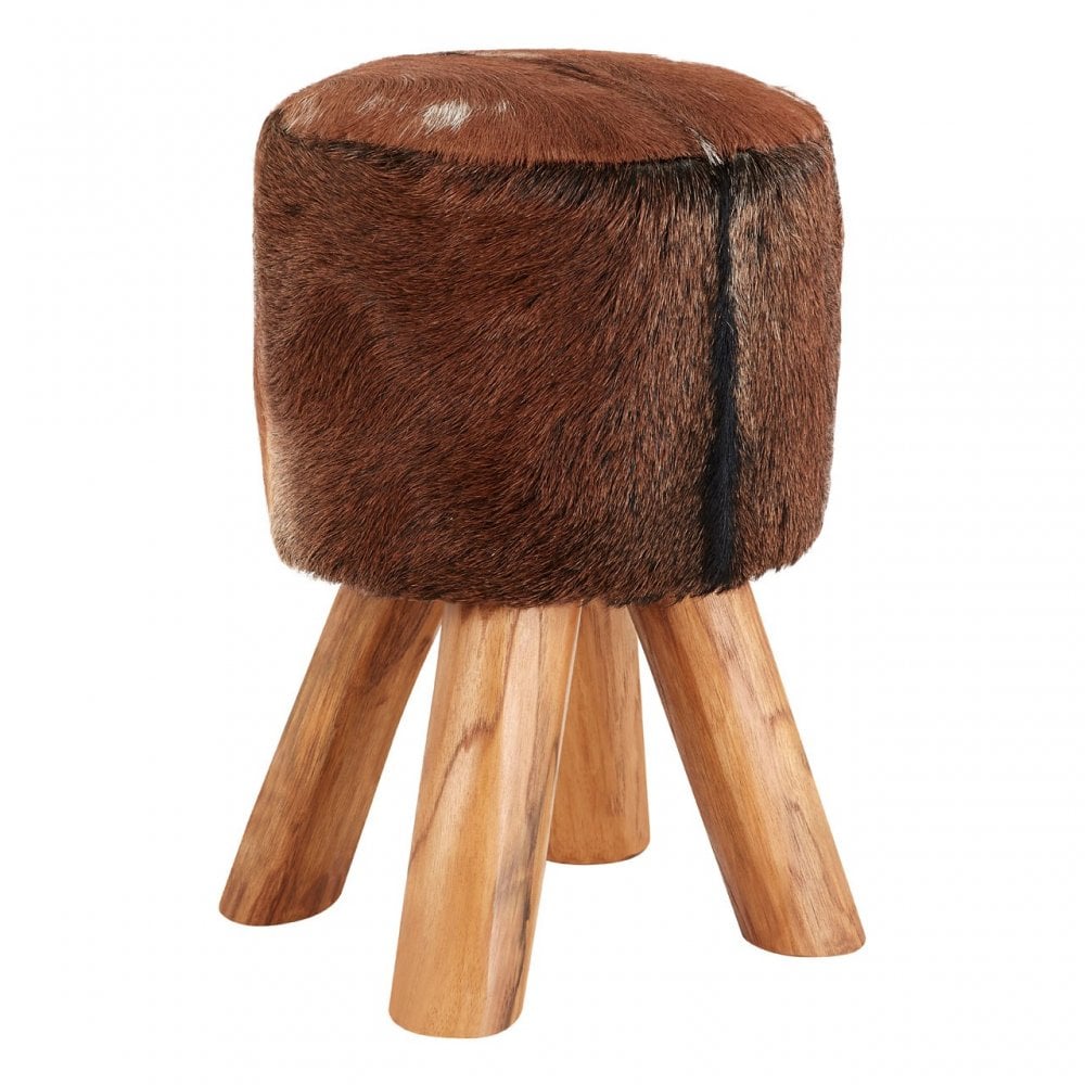 Toby Brown Goat Hide Round Stool, Foam, Goat Hide, Teak, Brown