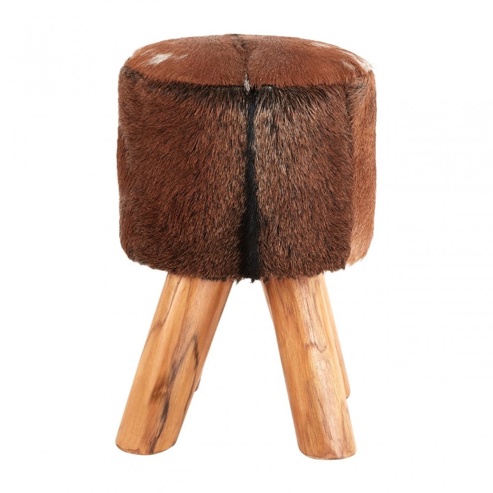 Toby Brown Goat Hide Round Stool, Foam, Goat Hide, Teak, Brown