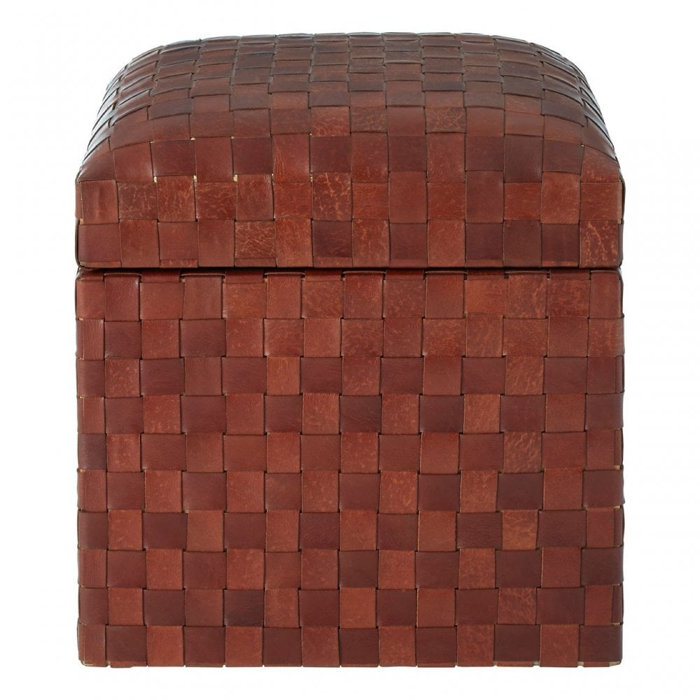 Toby Genuine Brown Leather Storage Stool, Leather, Teak, Brown