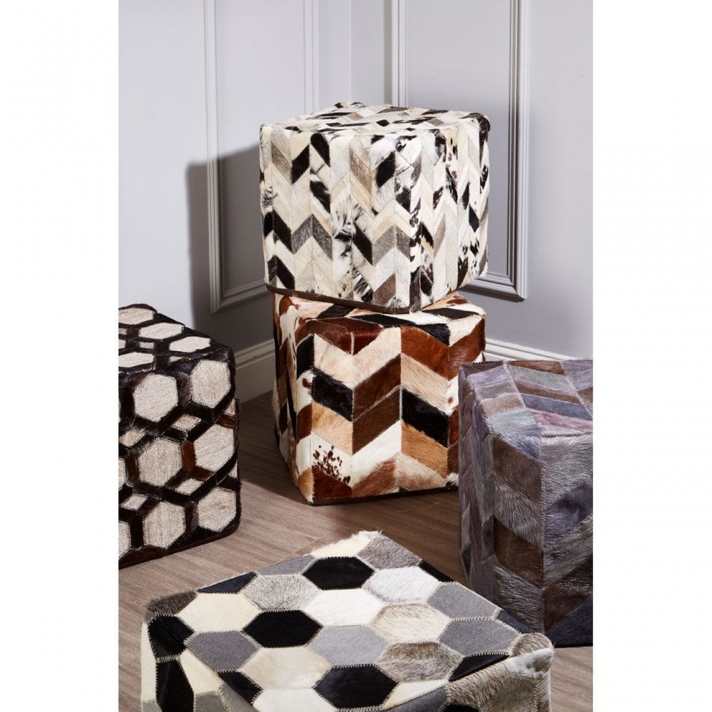 Safira Black / White / Grey Patchwork Pouffe, Leather, Thermocol Beens, Multi-Coloured