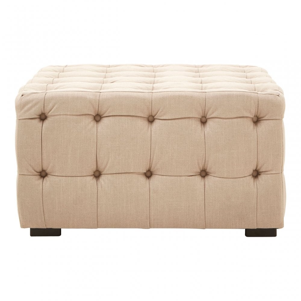 Stella Beige Linen Button Tufted Footstool, Foam, Plywood, Wood, Beige