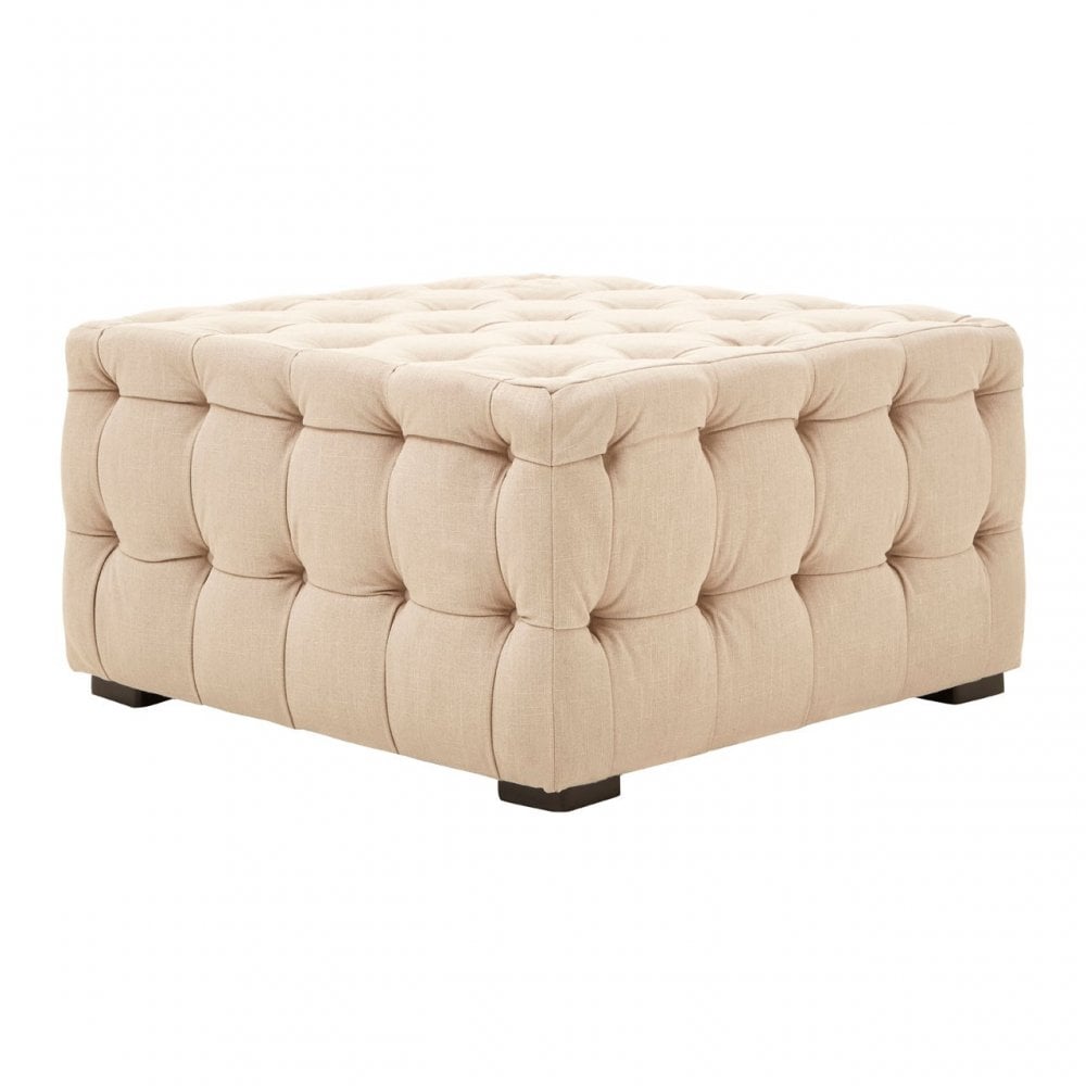 Stella Beige Linen Button Tufted Footstool, Foam, Plywood, Wood, Beige