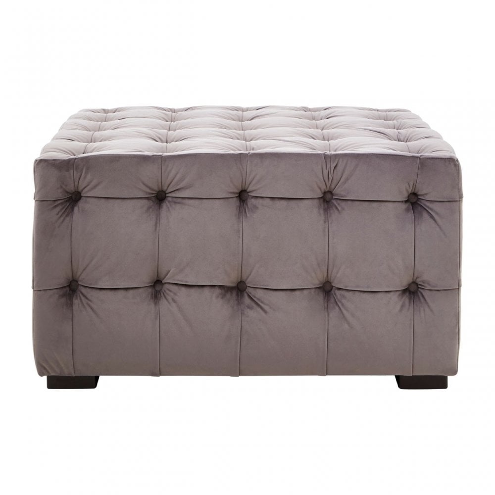 Stella Grey Velvet Button Tufted Footstool, Foam, Plywood, Wood, Grey