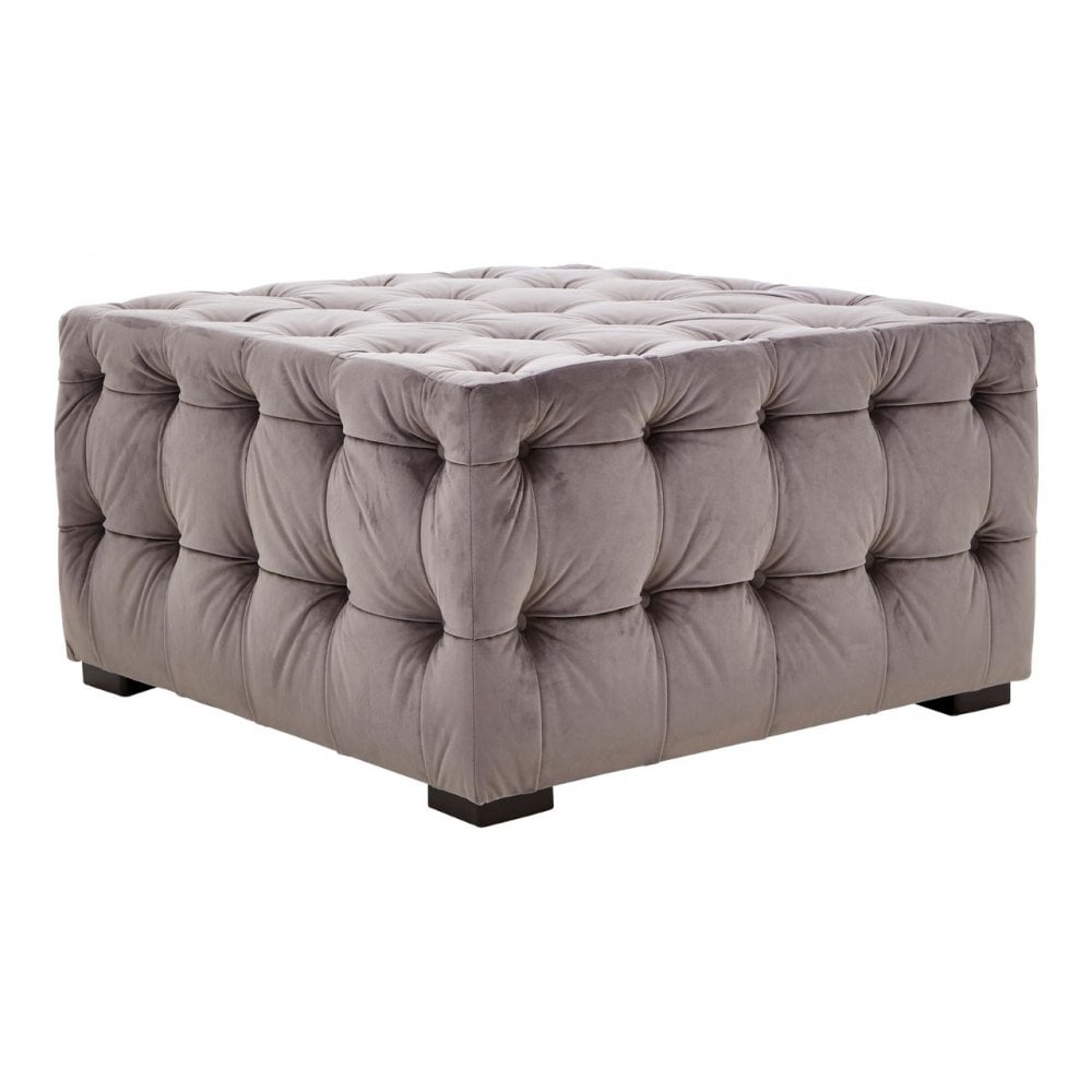 Stella Grey Velvet Button Tufted Footstool, Foam, Plywood, Wood, Grey