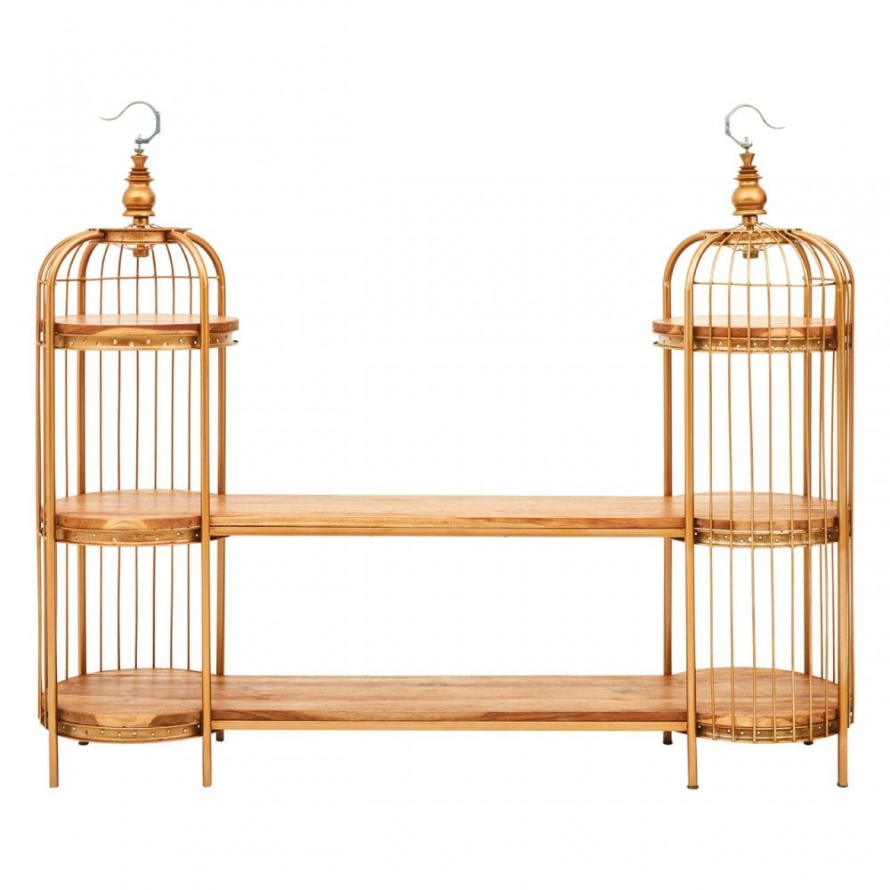 Oscar Long Gold Finish Birdcage Shelf Unit, Iron, Wood, Gold