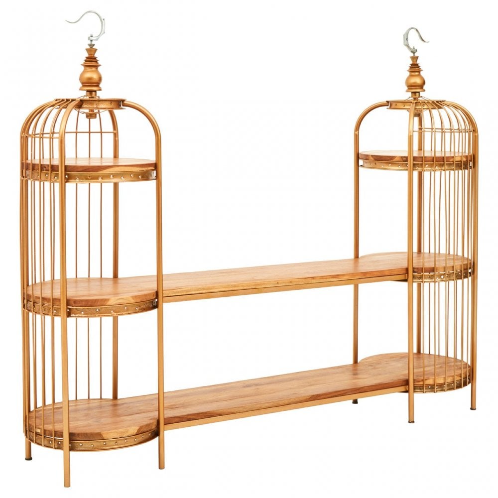 Oscar Long Gold Finish Birdcage Shelf Unit, Iron, Wood, Gold