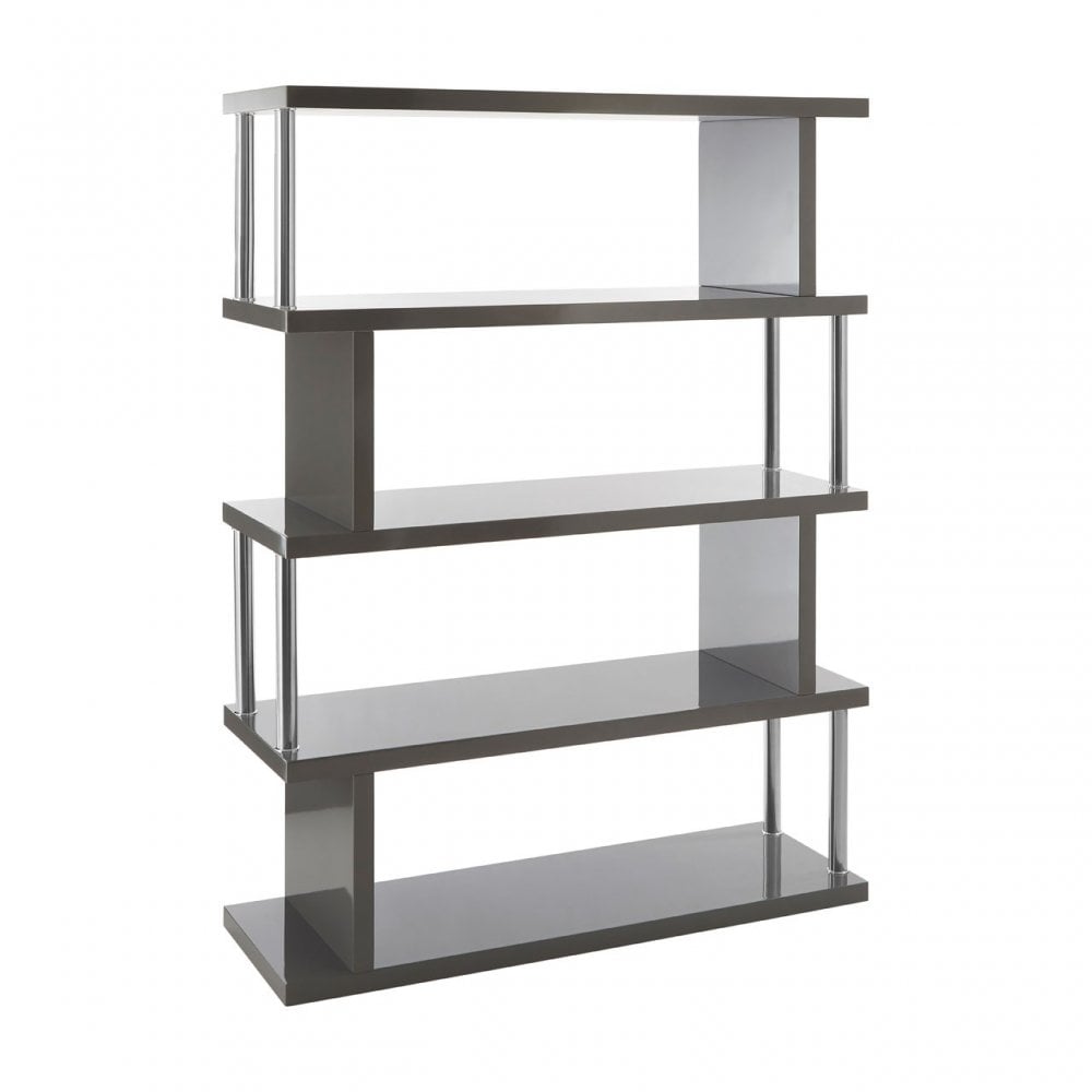 Contour 4 Tier Grey Gloss Shelf Unit, Wood, Stainless Steel, Grey