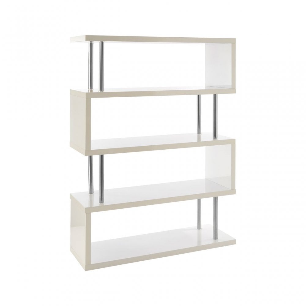 Contour 4 Tier White Gloss Wide Shelf Unit, Wood, Stainless Steel, White