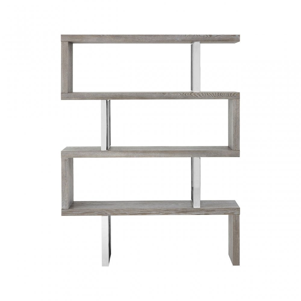 Grey Elm Wood 4 Tier Bookshelf, Stainless Steel, Elm Wood, Grey