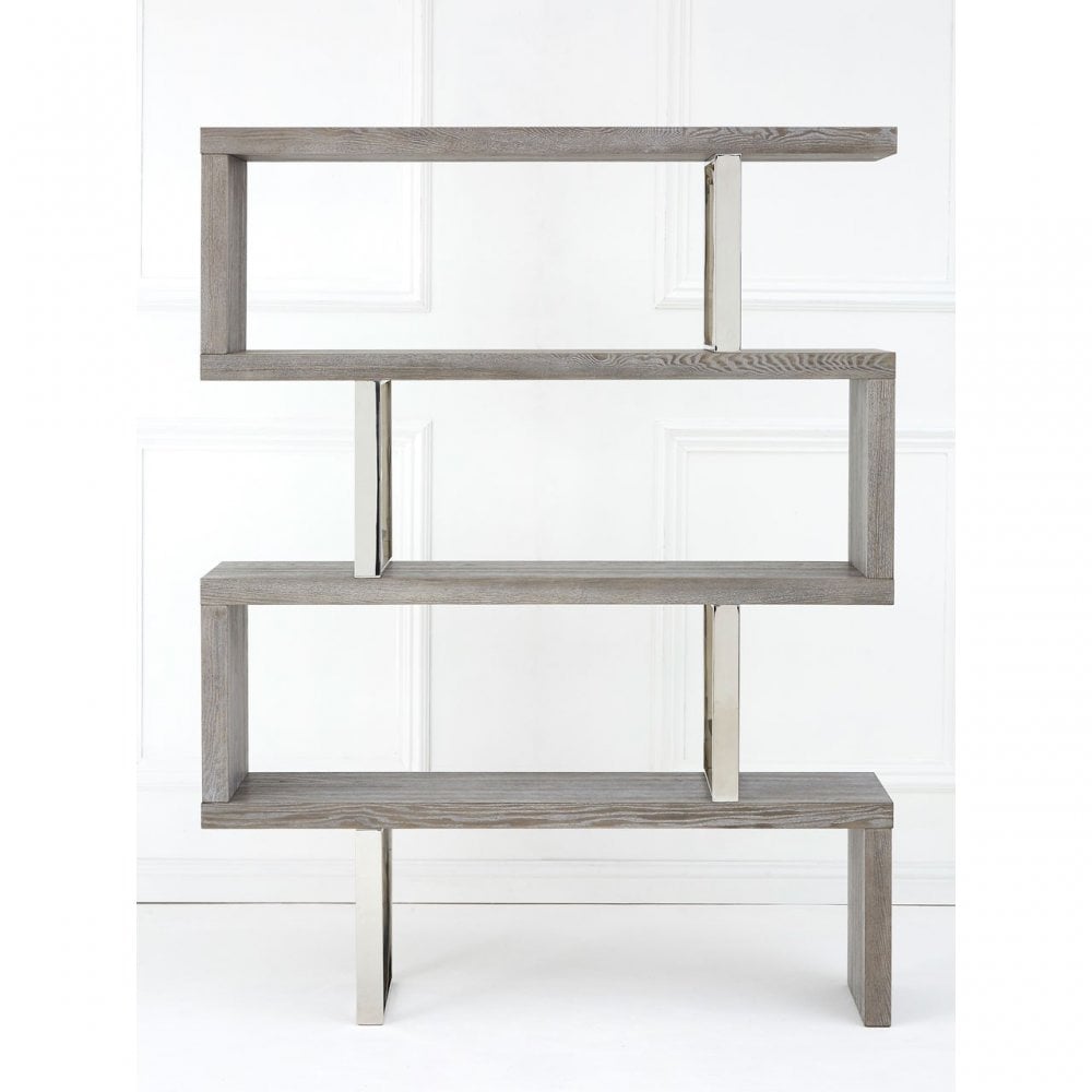 Grey Elm Wood 4 Tier Bookshelf, Stainless Steel, Elm Wood, Grey