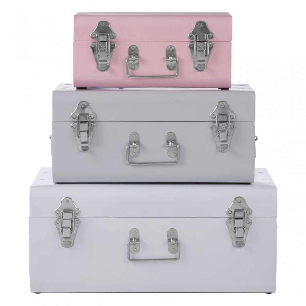 Set of 3 Assorted Colors Storage Trunks, Galvanised Iron