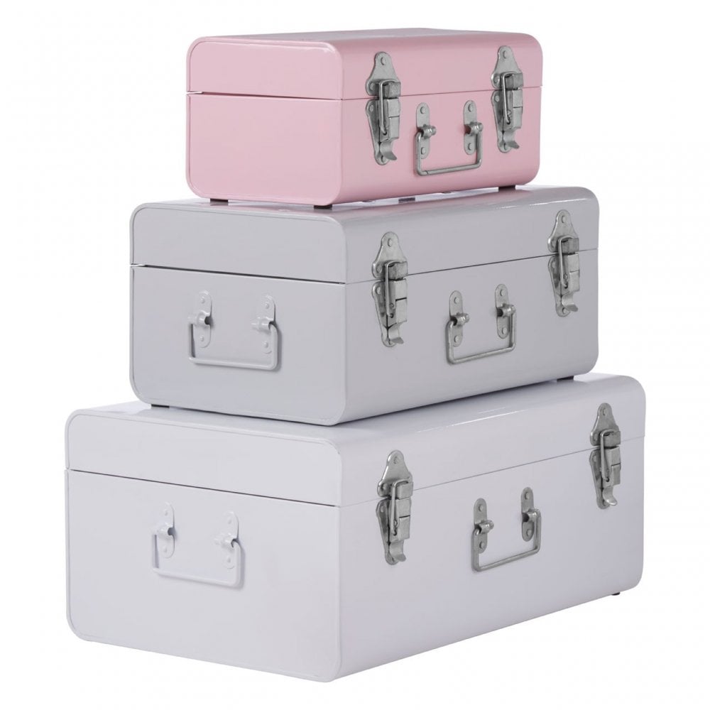 Set of 3 Assorted Colors Storage Trunks, Galvanised Iron