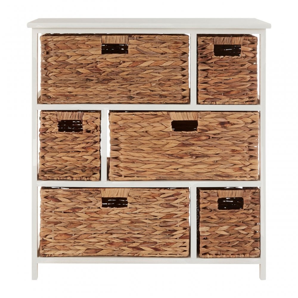 Padstow 6 Drawer White Frame Storage Unit, Paulownia Wood, Water Hyacinth, White