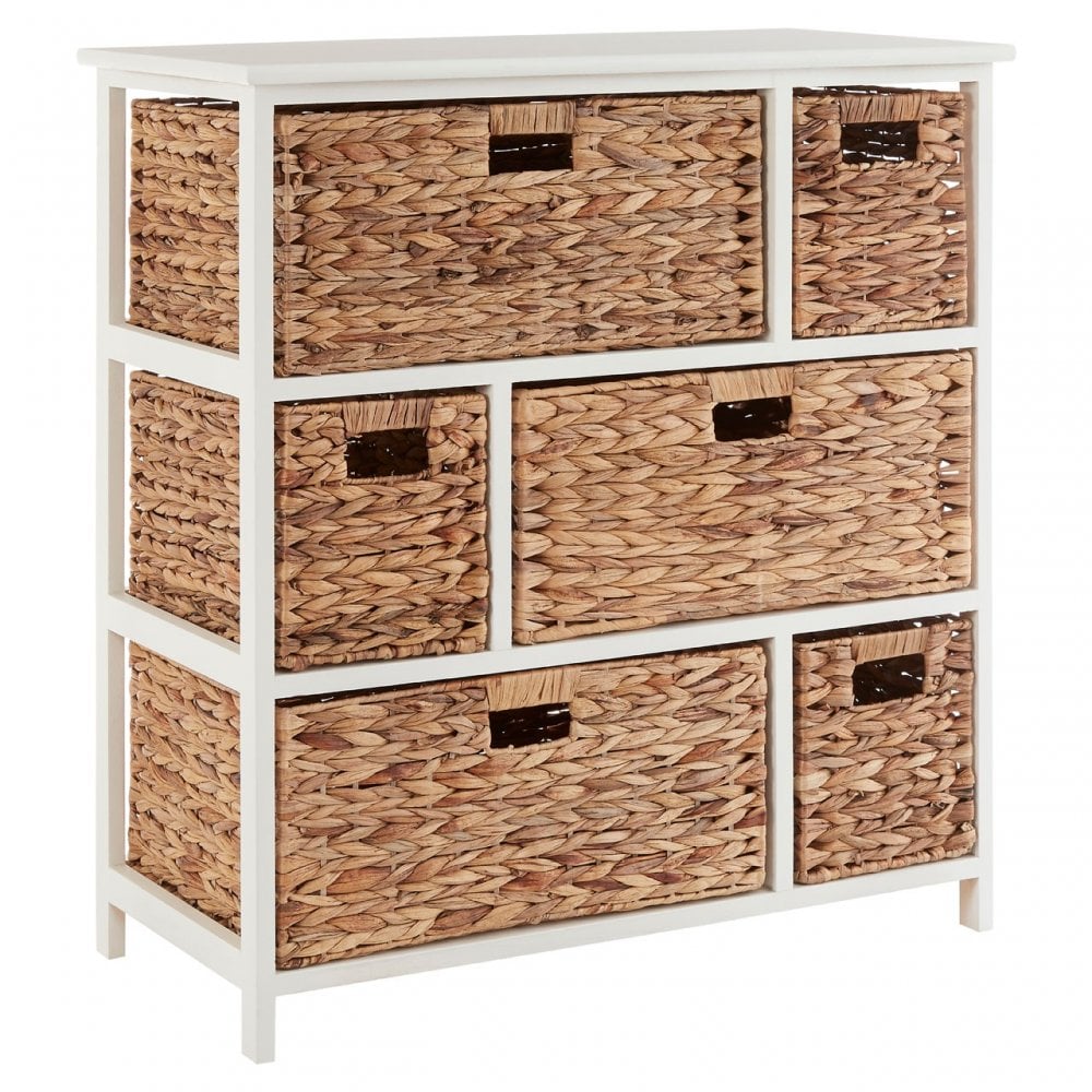 Padstow 6 Drawer White Frame Storage Unit, Paulownia Wood, Water Hyacinth, White