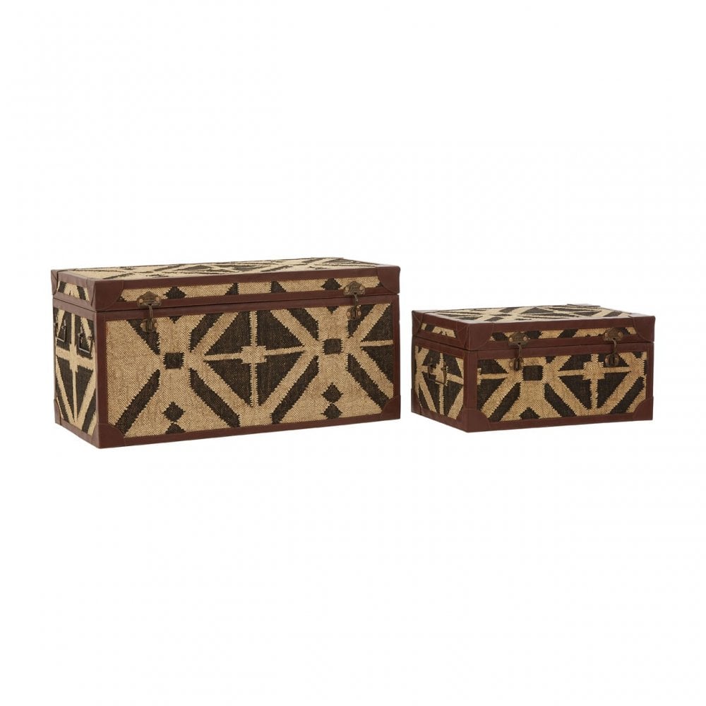 Aztec Set of 2 Storage Trunks, Cotton, Galvanised Iron, Jute, Black