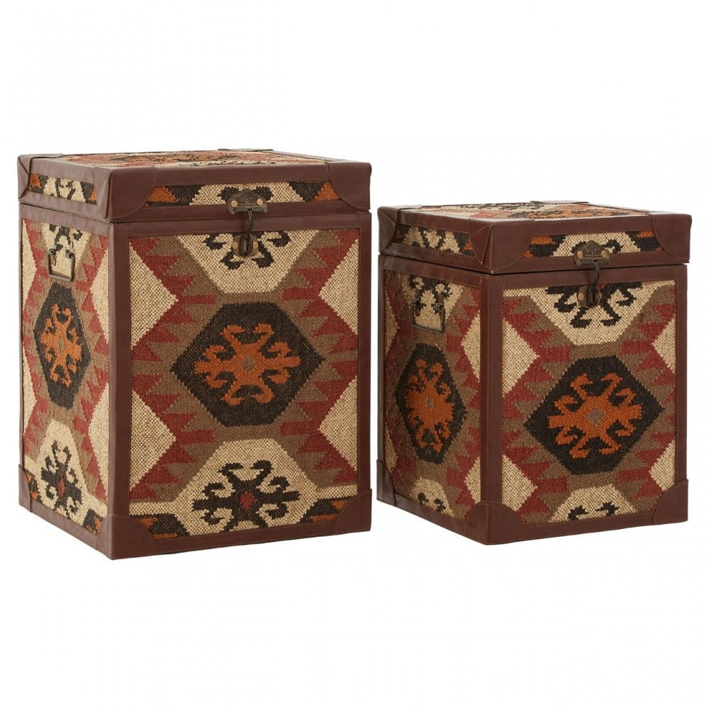 Multi Print Side Table Trunks, Cotton, Galvanised Iron, Jute, Multi-Coloured