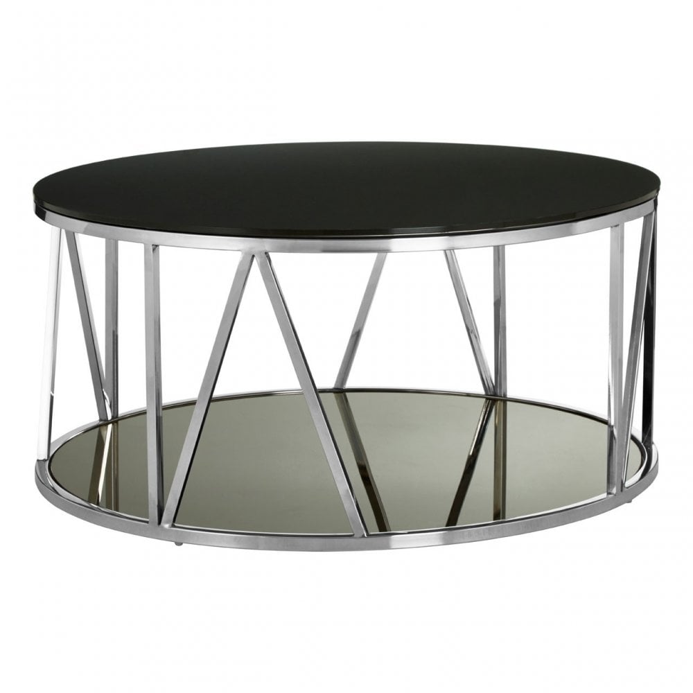 Camperian Round Chrome Finish Coffee Table, Stainless Steel, Glass, Black