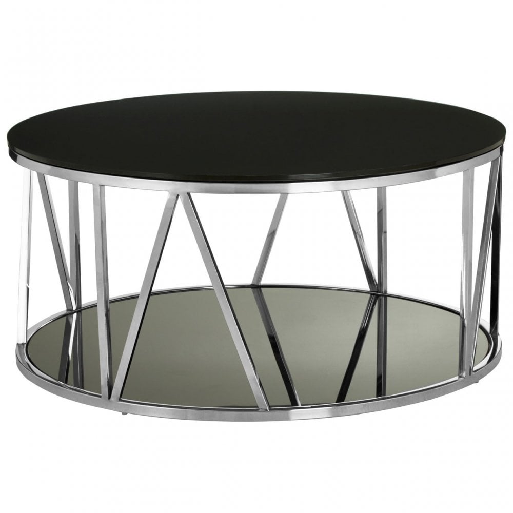 Camperian Round Chrome Finish Coffee Table, Stainless Steel, Glass, Black