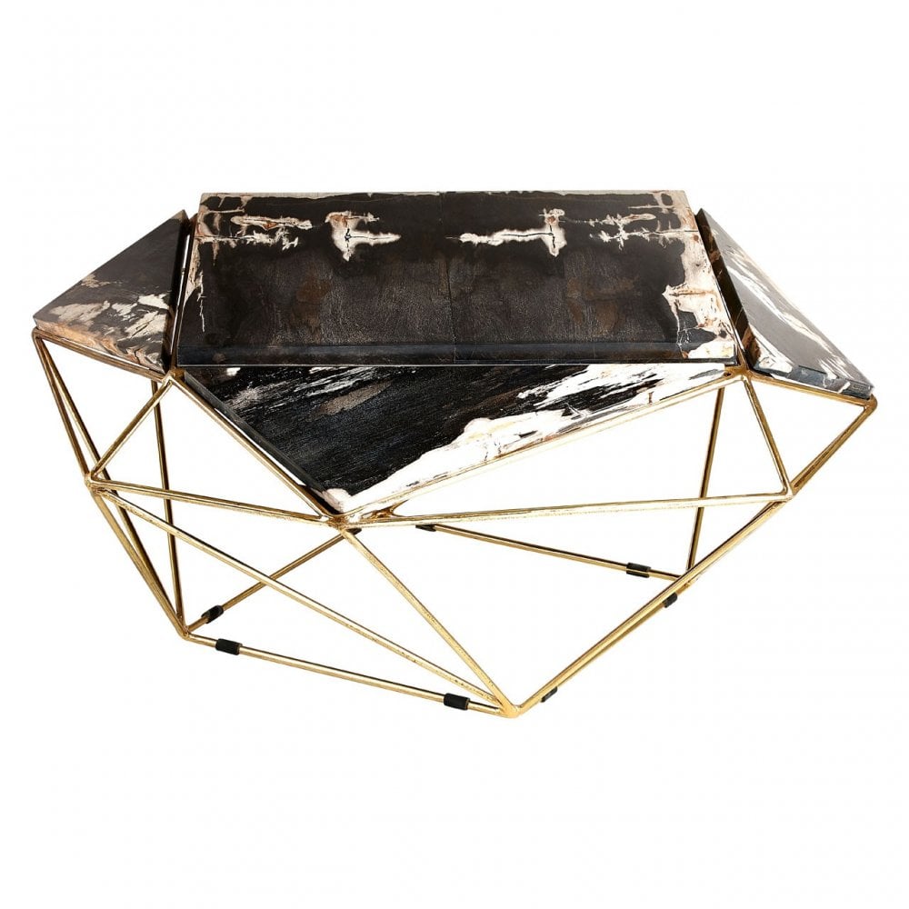 Artefacto Dark Petrified Wood Coffee Table, Iron, Petrified Wood, Brass