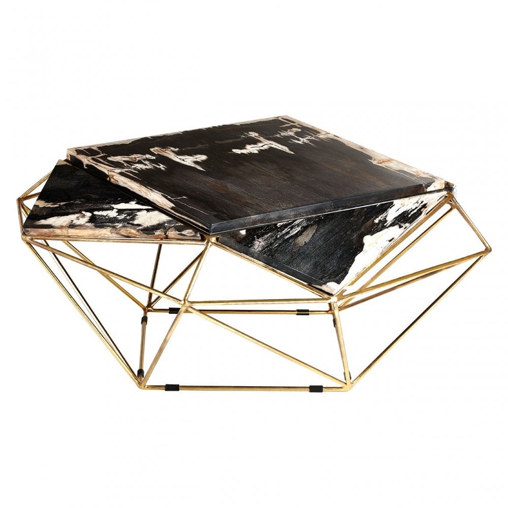 Artefacto Dark Petrified Wood Coffee Table, Iron, Petrified Wood, Brass