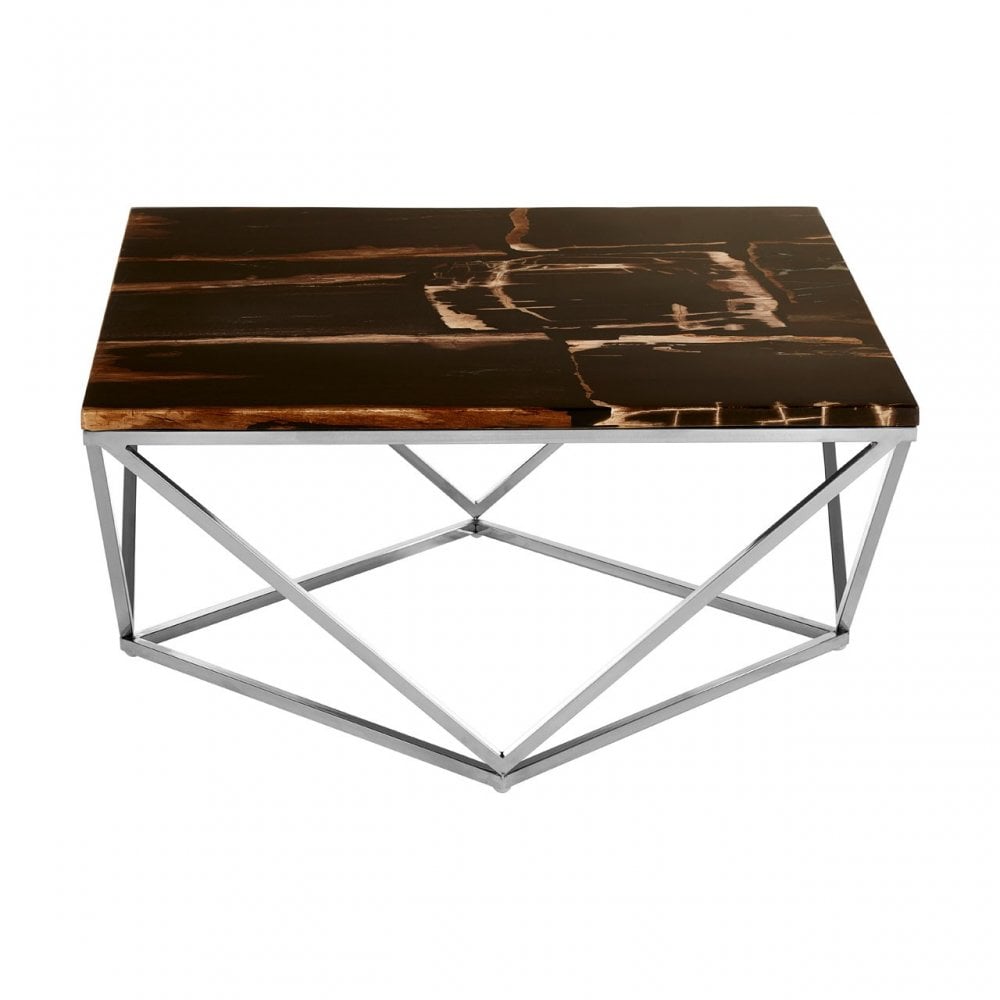 Artefacto Dark Petrified Wood Top Coffee Table, Petrified Wood, Stainless Steel, Brown