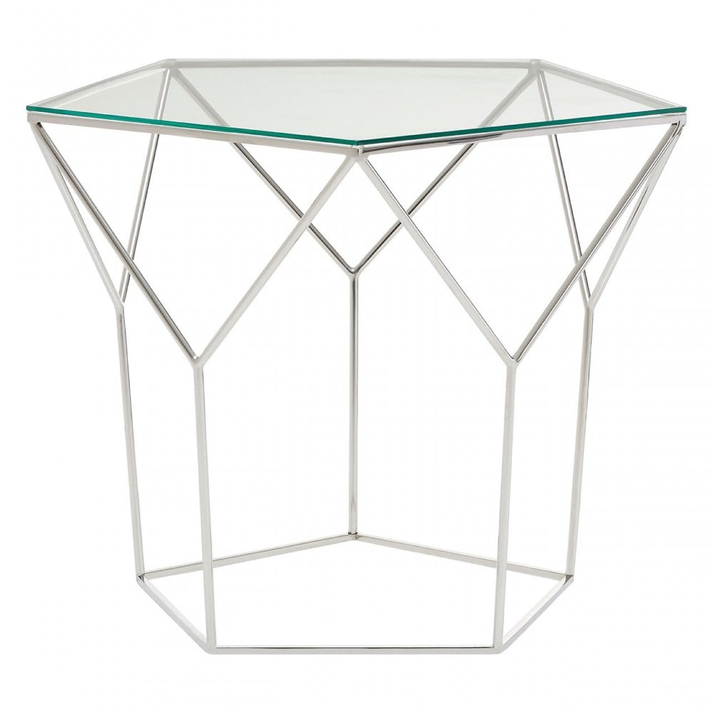 Gianna Pentagonal Silver Coffee Table, Stainless Steel, Glass, Clear