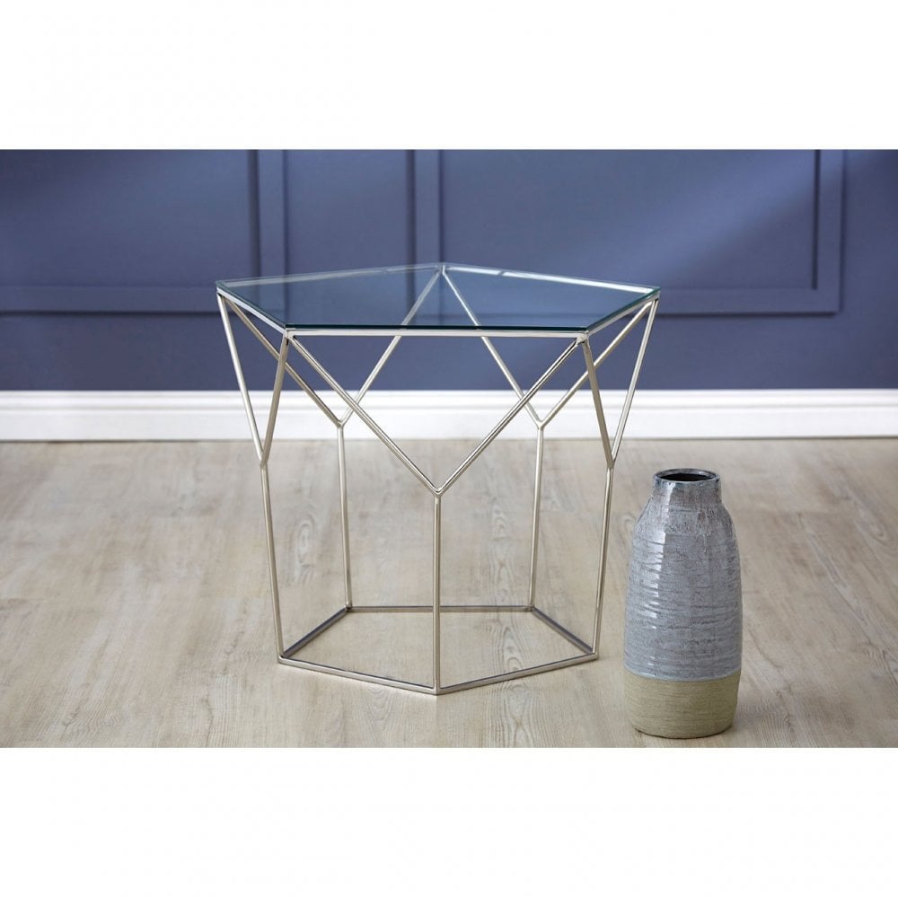 Gianna Pentagonal Silver Coffee Table, Stainless Steel, Glass, Clear