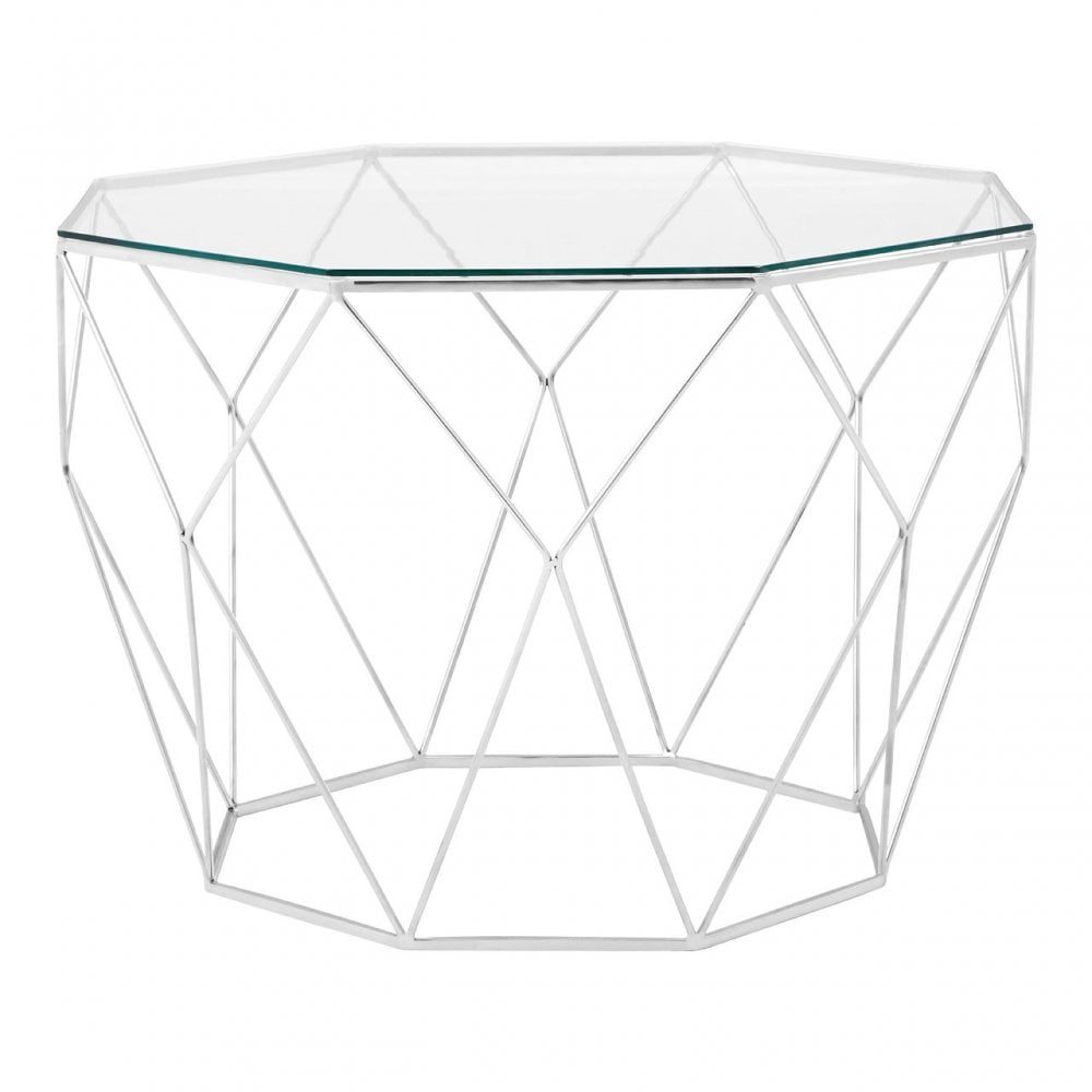 Gianna Octagonal Silver Coffee Table, Stainless Steel, Glass, Silver