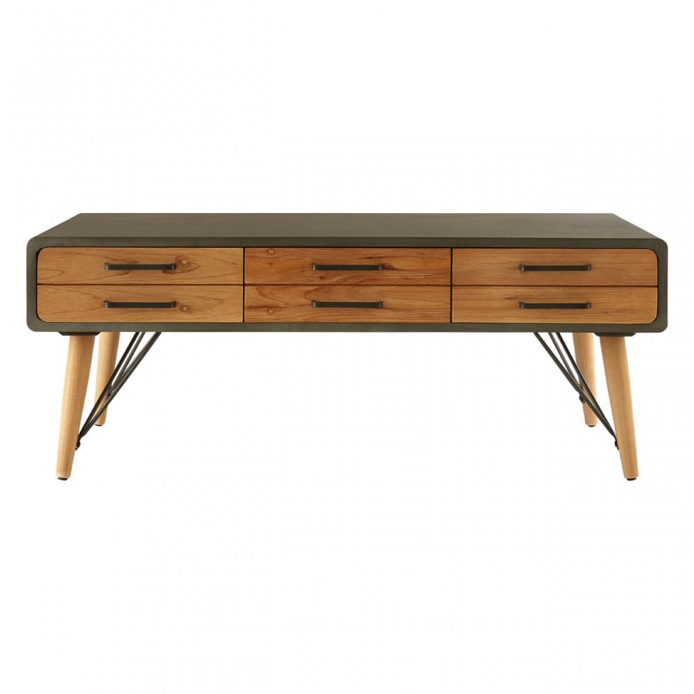 Unity Coffee Table with Six Drawers, Fir Wood, Fir Wood Veneer, Iron, Natural