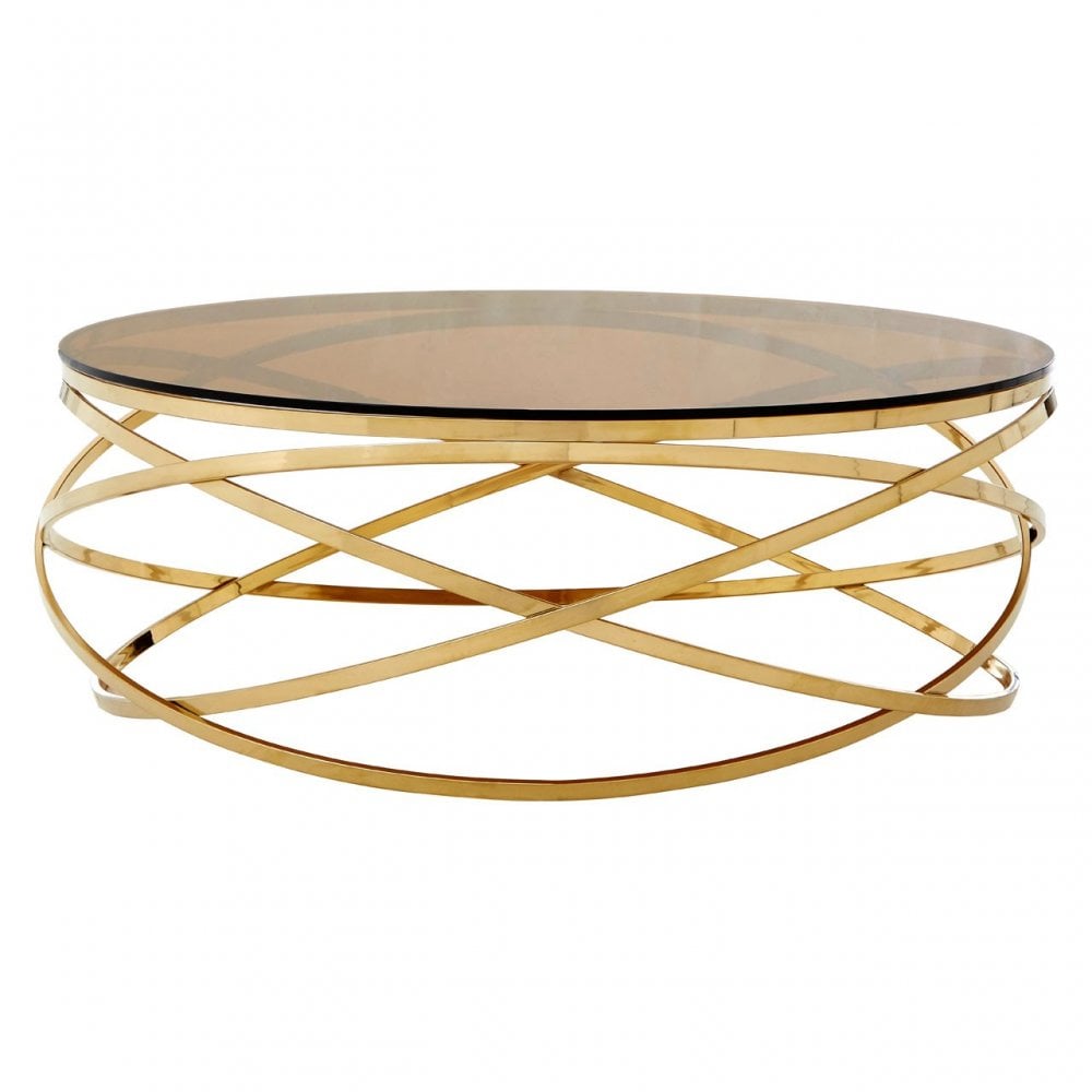 Enrich Round Champagne Base Coffee Table, Stainless Steel, Glass, Gold