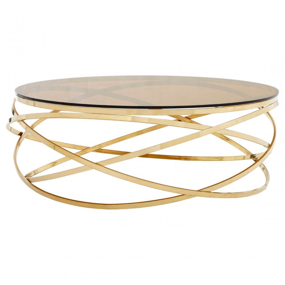 Enrich Round Champagne Base Coffee Table, Stainless Steel, Glass, Gold