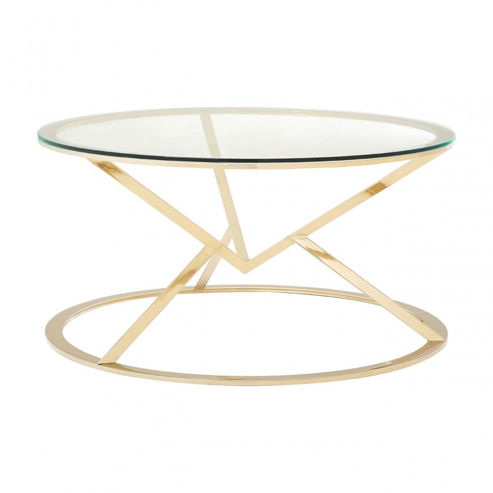 Enrich Corseted Round Champagne Coffee Table, Stainless Steel, Glass, Gold