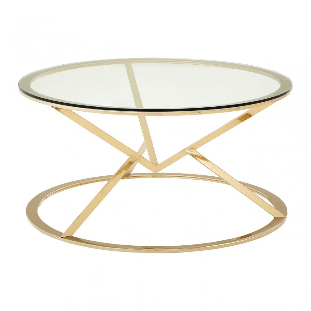 Enrich Corseted Round Champagne Coffee Table, Stainless Steel, Glass, Gold