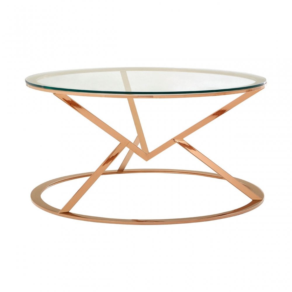 Enrich Corseted Round Rose Gold Coffee Table, Stainless Steel, Glass, Rose Gold