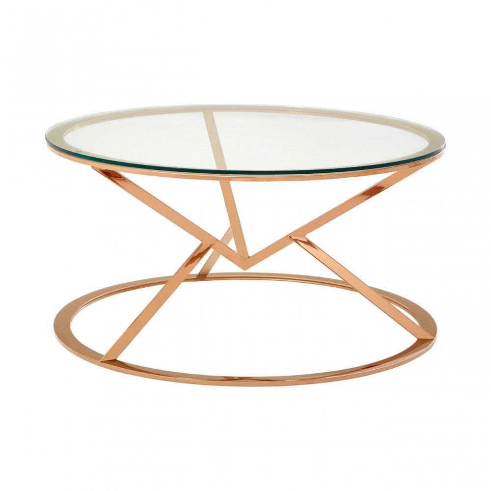 Enrich Corseted Round Rose Gold Coffee Table, Stainless Steel, Glass, Rose Gold